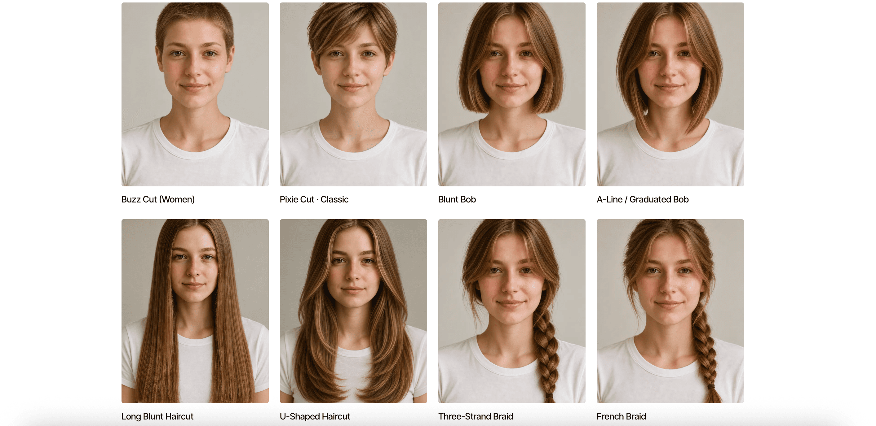 AI hairstyle gallery showing 8 generated styles