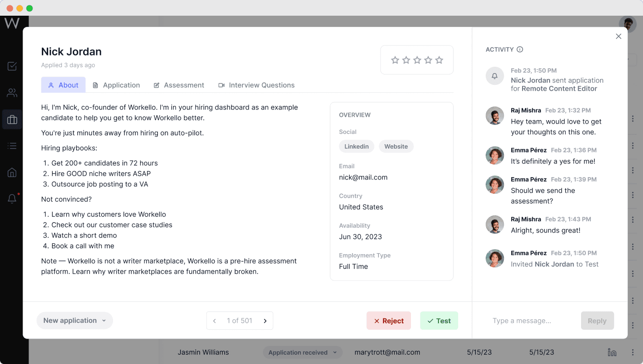 Workello candidate detail with collaboration